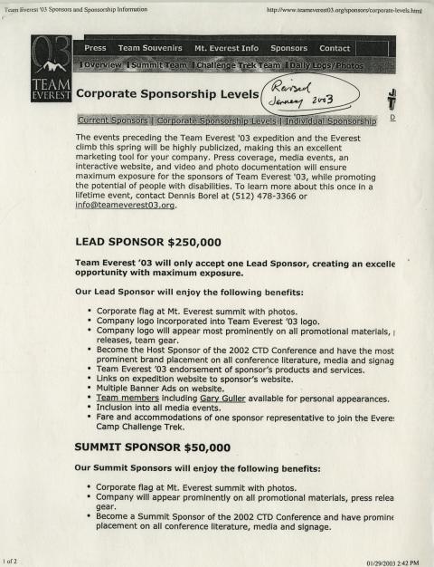 Team Everest 2003 Corporate Sponsorship Levels
