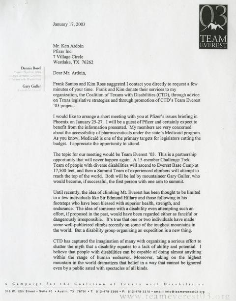 Letter to Mr. Ken Ardoin of Pfizer from Dennis Borel of The Texas Coalition of People with Disabilities