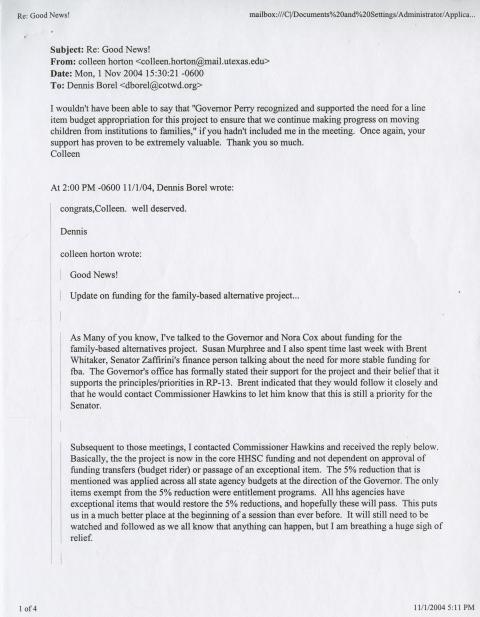Email conversation between Colleen Horton and Dennis Borel on Texas state funding for a family-based alternatives housing plan.