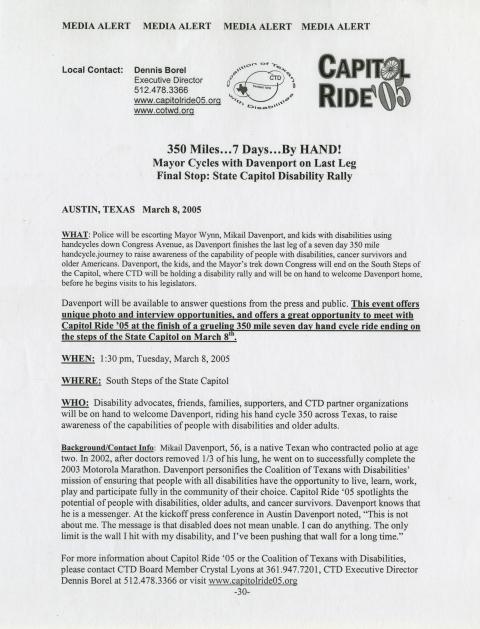News release announcing Capitol Ride '05 to feature ex-polio patient Mikail Davenport and Austin Mayor Wil Winn.