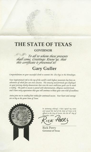 Certificate from Texas governor Rick Perry to Gary Guller after he climbed Mount Cho Oyu, the sixth tallest in the world.