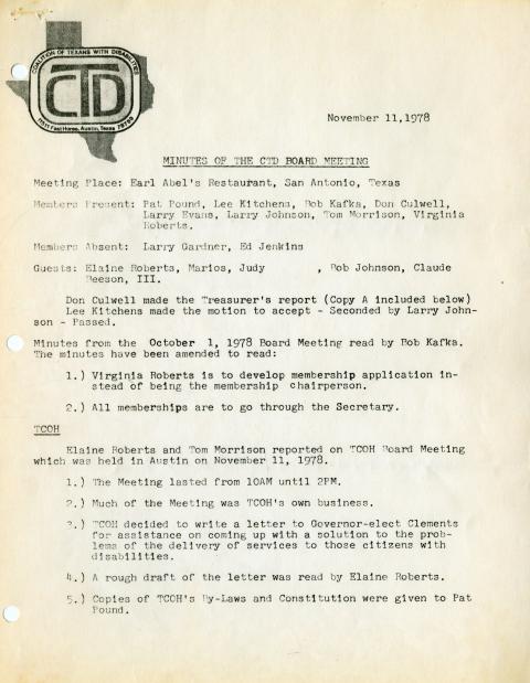 Minutes of the November 11, 1978 meeting of the board of the Council on Texans with Disabilities