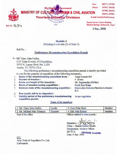 Permit issued by the Ministry of Culture, Tourism & Civil Aviation in Nepal to Team Everest 03 to climb Mt. Sagarmatha (Everest)