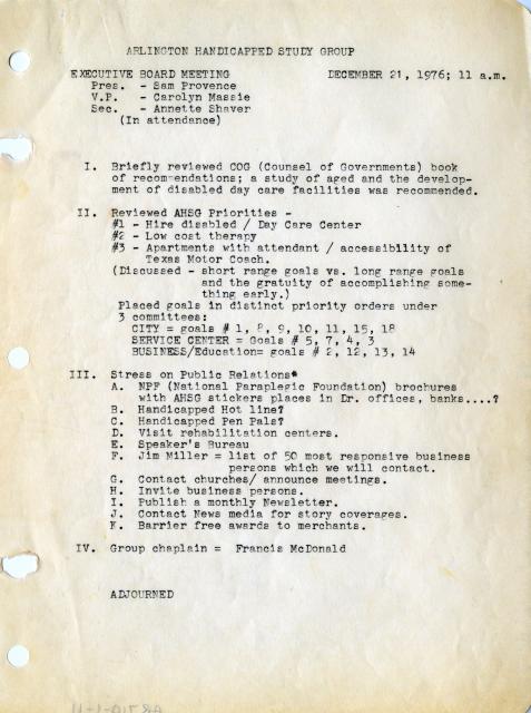 Arlington Handicapped Study Group Meeting Minutes from December 1976- July 1977
