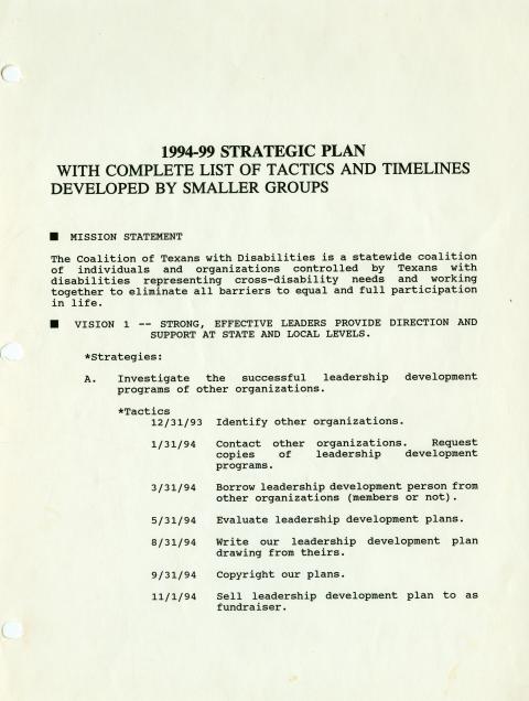 The Coalition of Texans with Disabilities long range and strategic plan for the period 1994-1999.