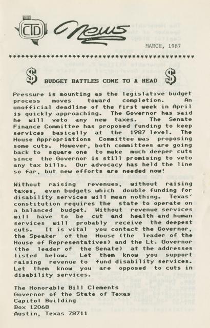 The Coalition of Texans with Disabilities March 1987 newsletter 