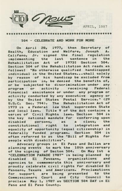 Coalition of Texans with Disabilities April 1987 newsletter