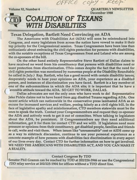 The Coalition of Texans with Disabilities December 1988 Newsletter 