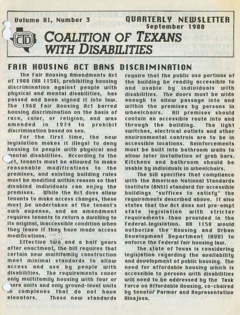 Coalition of Texans with Disabilities quarterly newsletter, volume 11, number 3, September 1988