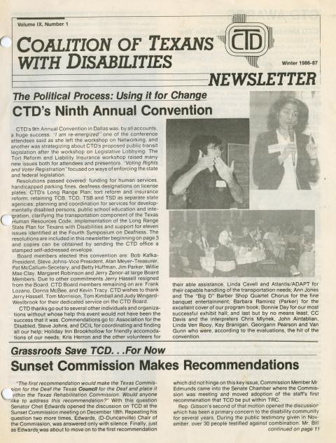 The Coalition of Texans with Disabilities Winter 1986-87 Newsletter