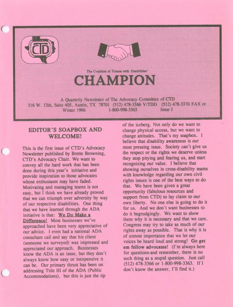Champion, a quarterly newsletter of the Advocacy Committee of C. T. D., Winter 1996