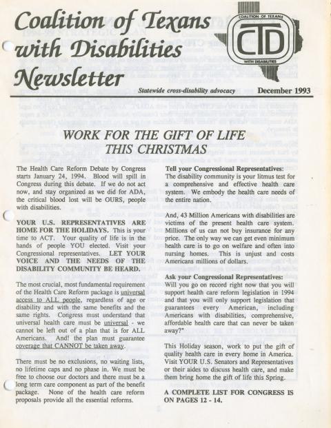 Coalition of Texans with Disabilities newsletter, December 1993 