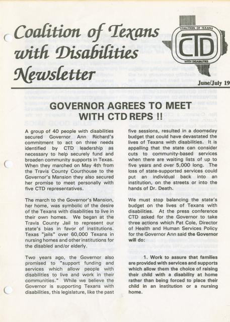 Coalition of Texans with Disabilities newsletter, June/July 1993 