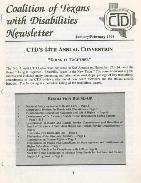 Coalition of Texans with Disabilities newsletter, January/February 1992