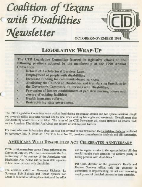Coalition of Texans with Disabilities October/November 1991 newsletter