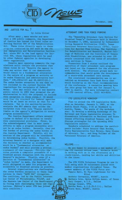 C. T. D. new, December 1984 - newsletter of the Coalition of Texans with Disabilities