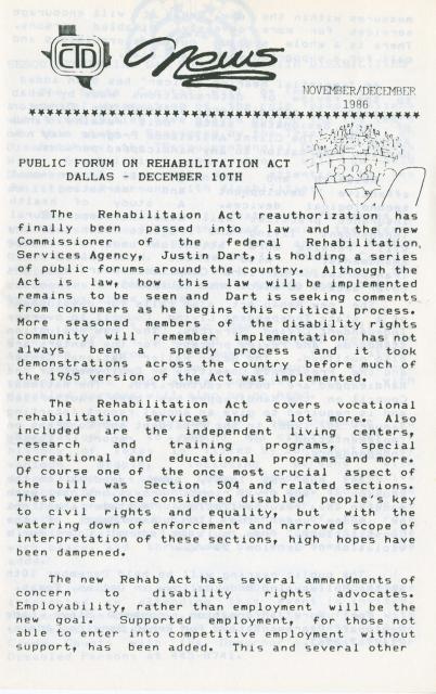 Coalition of Texans with Disabilities newsletter, November/December 1986