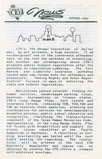 Coalition of Texans with Disabilities October 1986 newsletter