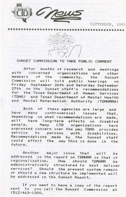 Coalition of Texans with Disabilities September 1986 newsletter