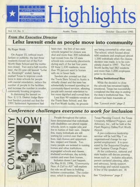 Texas Planning Council for Developmental Disabilities Highlights newsletter, October-December 1995 