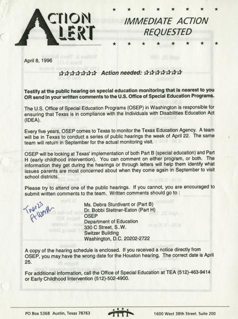 The Arc of Texas Action Alert press release, April 8, 1996