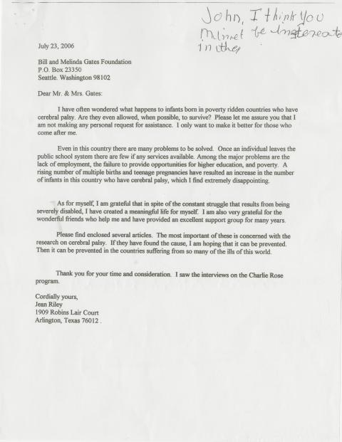 Correspondence between Jean Riley and Bill and Melinda Gates Foundation
