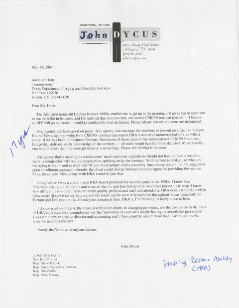Letter from John Dycus to Adelaide Horn
