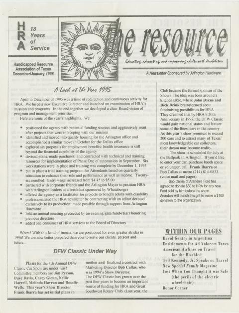 Resource (The), the Handicapped Resource Association of Texas newsletter, December 1995-January 1996