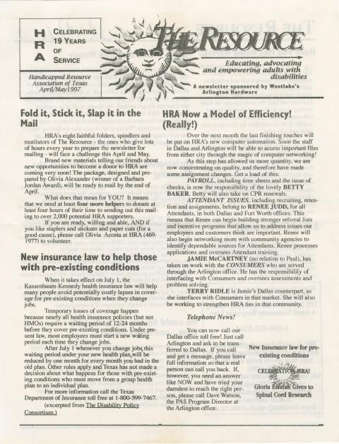 Handicapped Resource Association of Texas newsletter April/May 1997