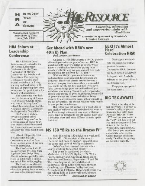 Handicapped Resource Association of Texas newsletter, June/July 1998