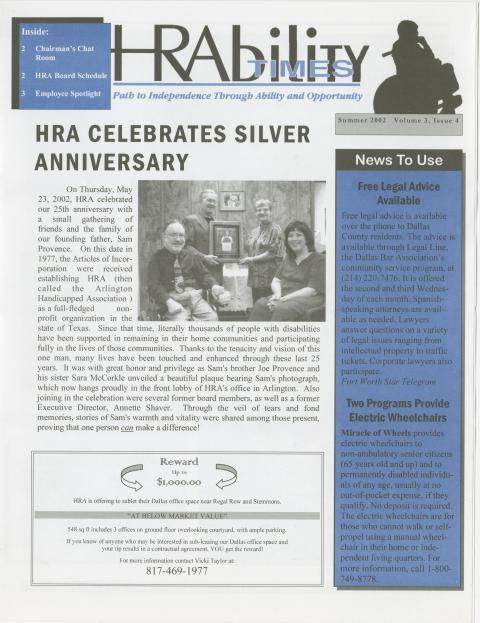 HRAbility times, Summer 2002, Volume 3, Issue 4, newsletter of Helping Restore Ability