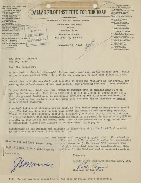 Letter from Ruth Fagan to John W. Carpenter soliciting donations for the Dallas Pilot Institute for the Deaf