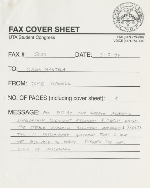 Fax cover sheet for fax sent to Dawn Mantela from Zeb Tidwell