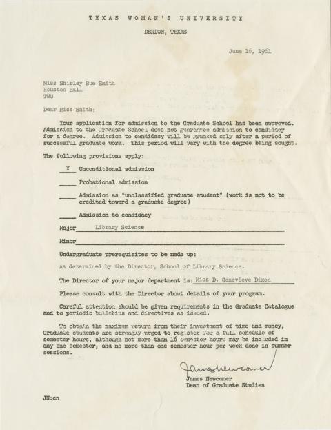 Shirley Sue Smith's acceptance letter to the Texas Woman's University Library Science graduate program