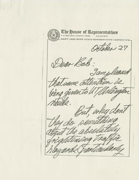 Handwritten Letter from Mary Jane Bode to Robert Hardesty re: Cooper Street problems in Arlington, Texas