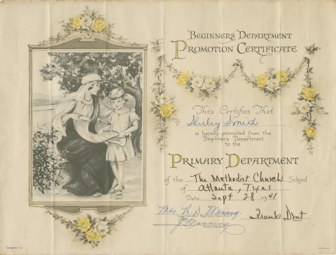 Shirley Sue Smith beginners department promotion certificate 
