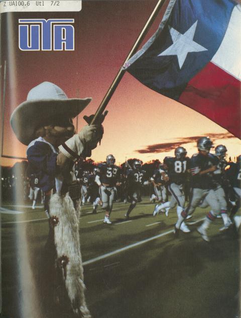 Mascot and football team on the cover of the December 1984 UTA Magazine