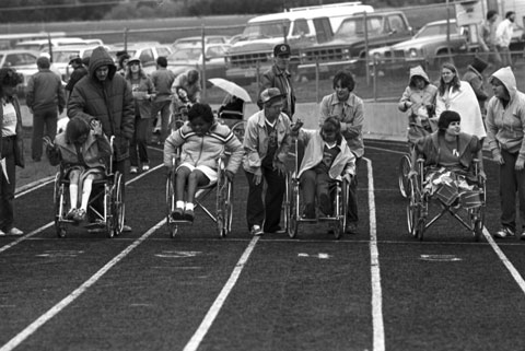 a wheelchair race prepares to begin
