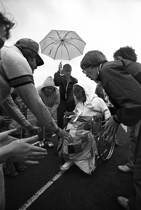 Area 11's Special Olympics held at Birdville Stadium a wheelchair participant is congratulated by spectators and
