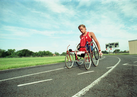 Robbie Harville on the track in his wheelchair