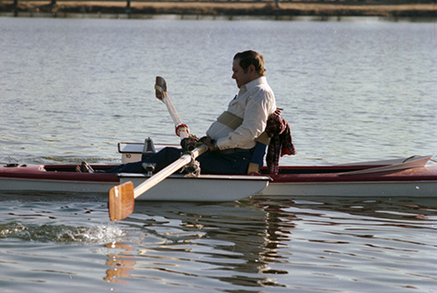 Rocky Giesecke of Hurst, a paraplegic, rows in a specially designed boat