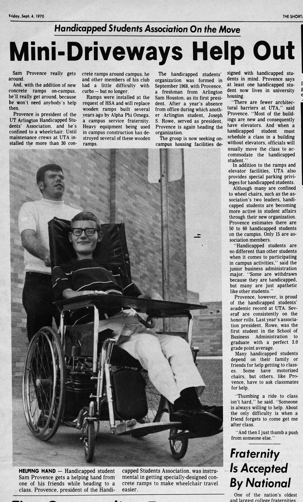 UTA newspaper Shorthorn; Sam Provence in wheelchair