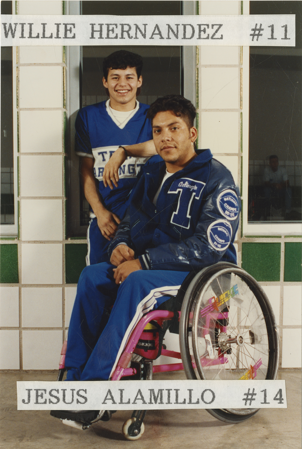 Color photograph of University of Texas at Arlington Movin' Mavs basketball players Willie Hernandez and Jesus Alamillo