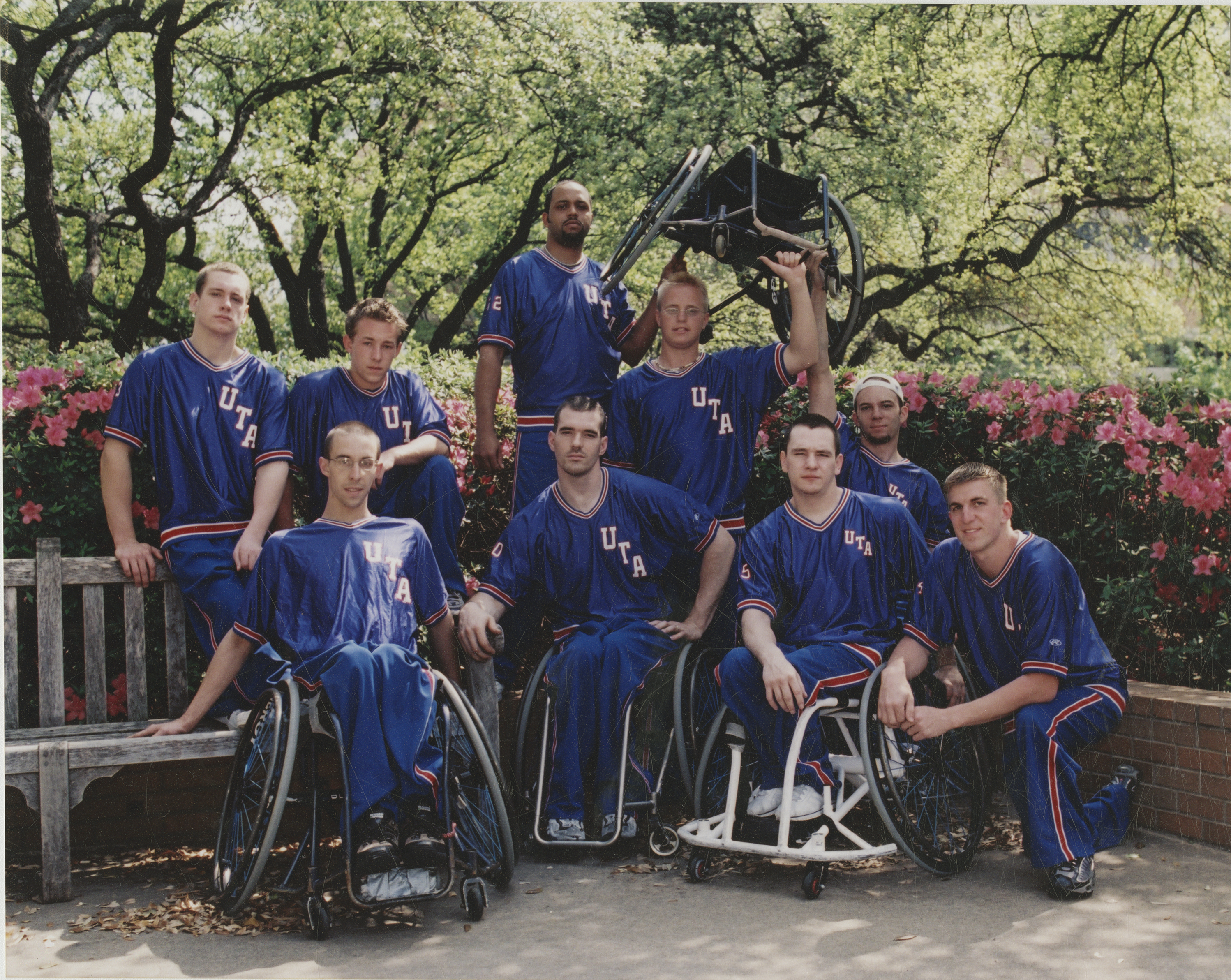 Members of the University of Texas at Arlington's Movin' Mavs men's wheelchair basketball team