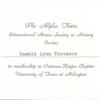 Invitation to Sammie Lynn Provence to join the Omicron-Kappa Chapter of Phi Alpha Theta