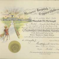 Certificate from the Shriners' Hospitals for Crippled Children awarded to Mansfield M. McKnight of the Moslah Temple, Fort Worth