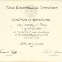 The Texas Rehabilitation Commission issued this Certificate of Appreciation to Jim Hayes