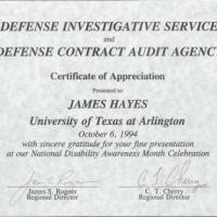 U.S. Defense Investigative Service and Defense Contract Audit Agency awared this Certificate to Jim Hayes