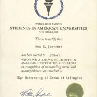 Certificate proclaiming Sam L. Provence elected to the 1970-1971 edition of Who's Who Among Students