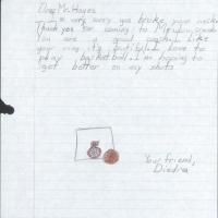 hand-written letter in crayon to thank Jim Hayes for visiting their second-grade class